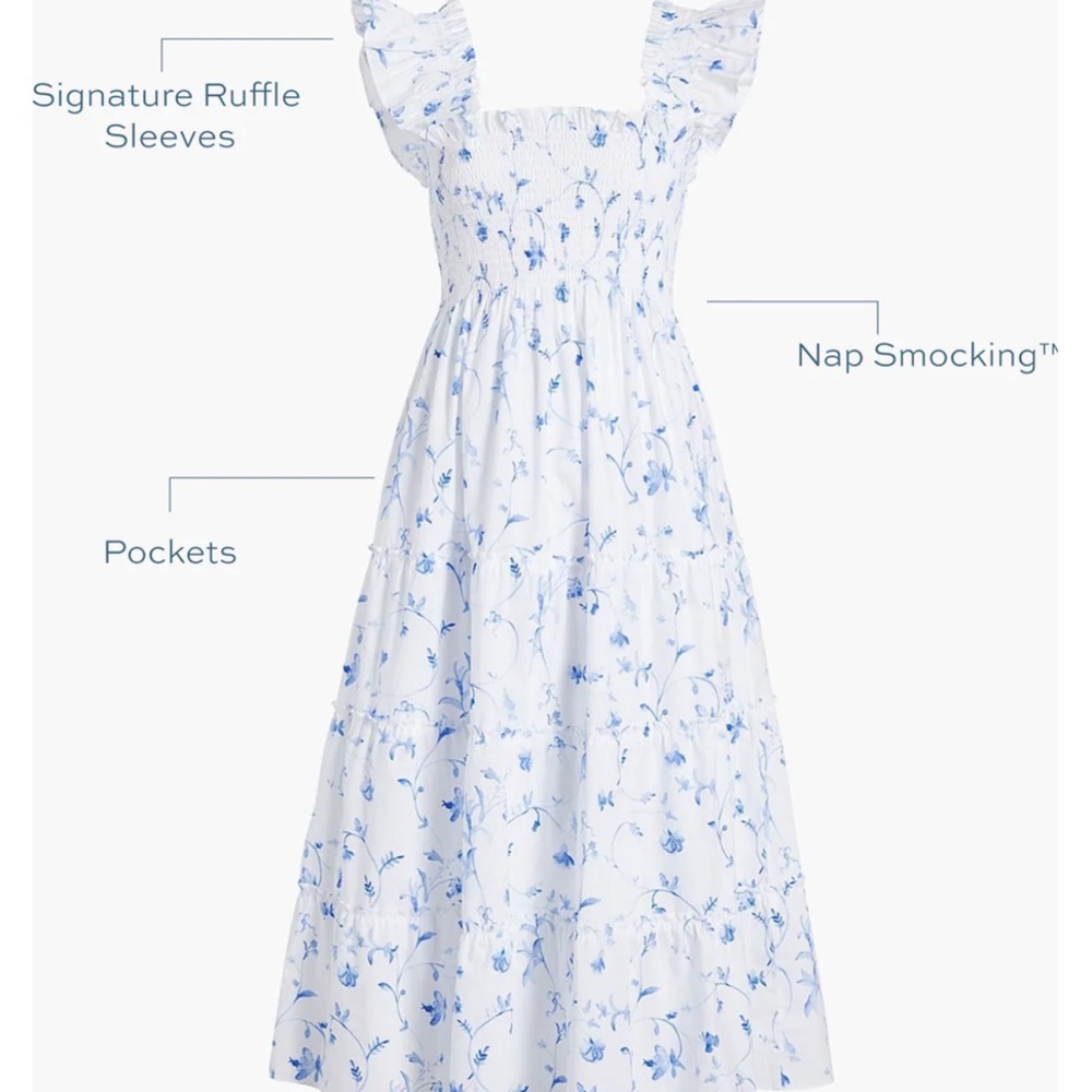 Hill House Ellie Style White Midi Dress with Blue Floral Print - Picture 2 of 7
